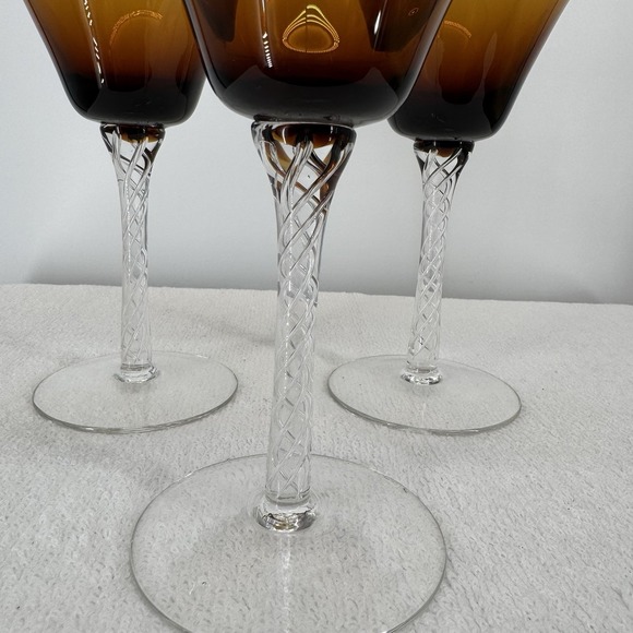 3 Vtg MARTINI GLASSES Blown Glass AMBER OMBRE Bowl Clear Swirl Stem MCM - Picture 2 of 6